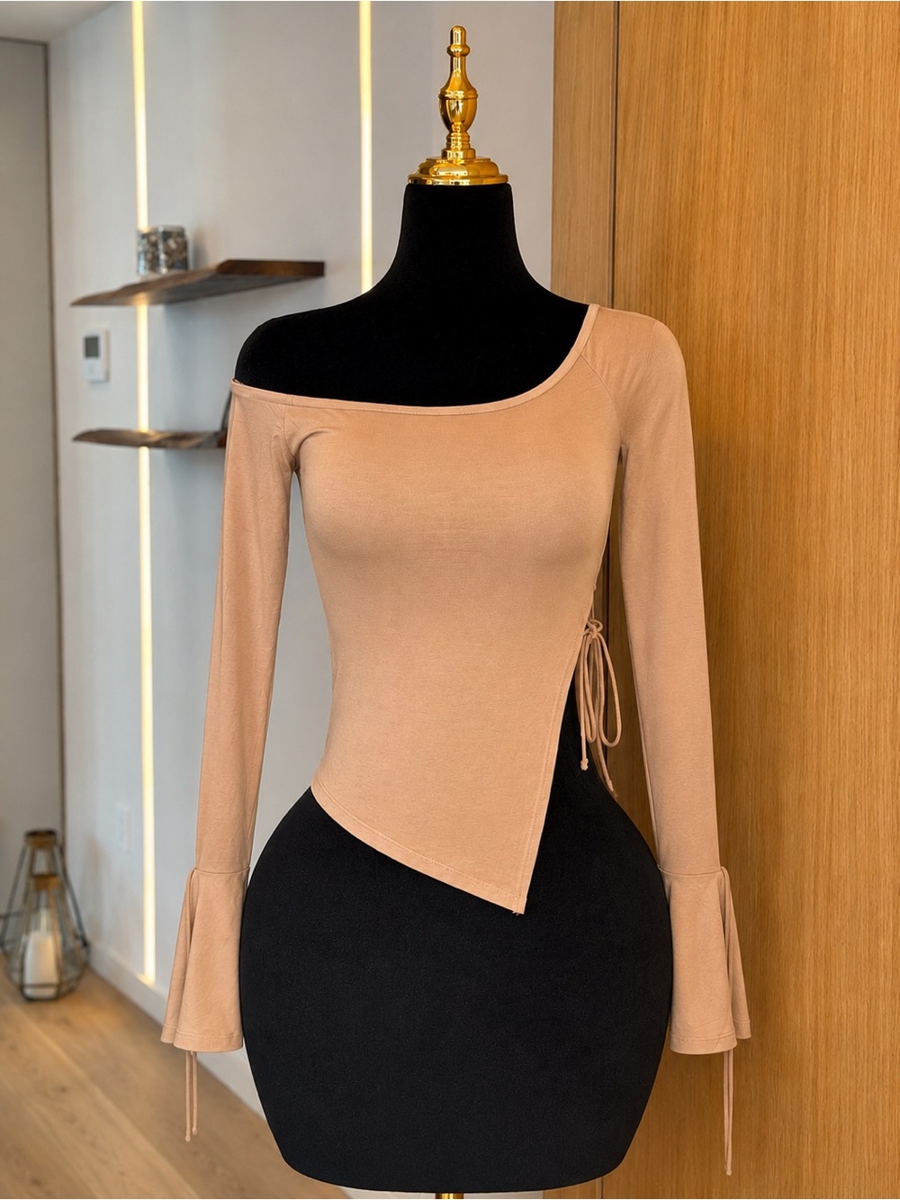 Edikted Clean Girl Taupe Off Shoulder Asymmetric Top | It Girl Muse
